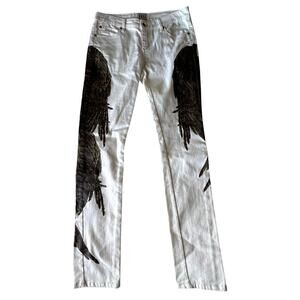 Haute Hippie Jean White Angel Winged Print Low Rise Skinny Stretch Denim Size 25